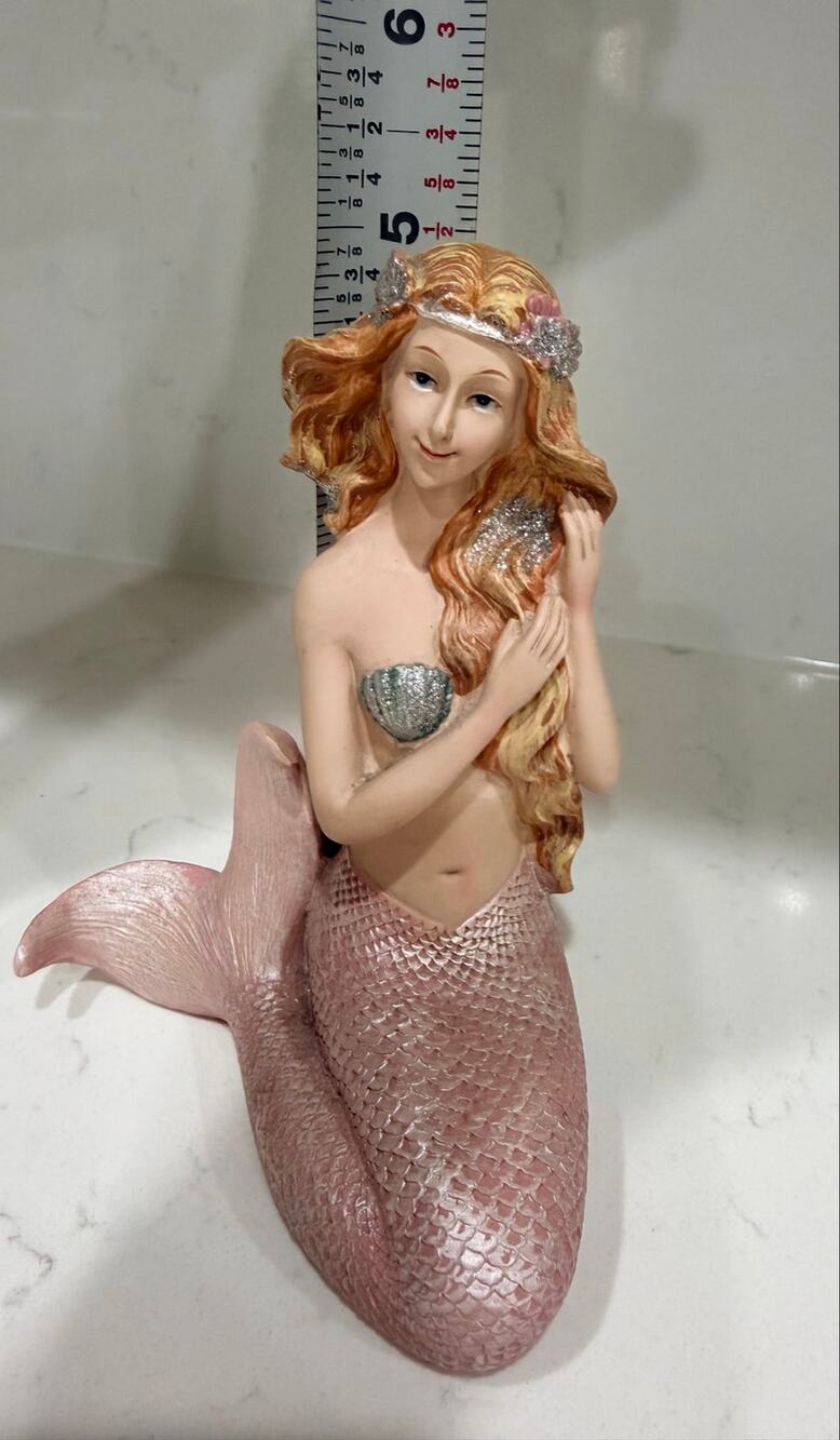 Mermaid Figurine Statue Blush Tail Silver Glitter Coastal Beach Decor 5” Tall